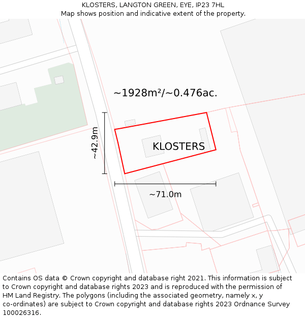 KLOSTERS, LANGTON GREEN, EYE, IP23 7HL: Plot and title map