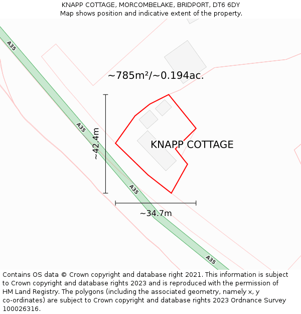 KNAPP COTTAGE, MORCOMBELAKE, BRIDPORT, DT6 6DY: Plot and title map