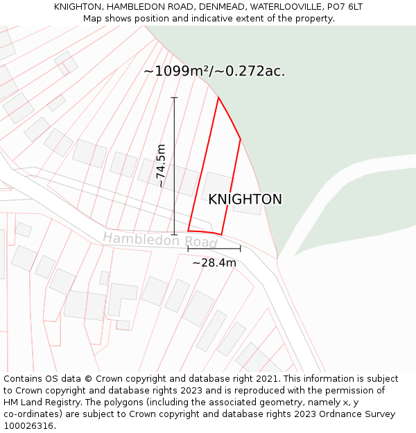 KNIGHTON, HAMBLEDON ROAD, DENMEAD, WATERLOOVILLE, PO7 6LT: Plot and title map
