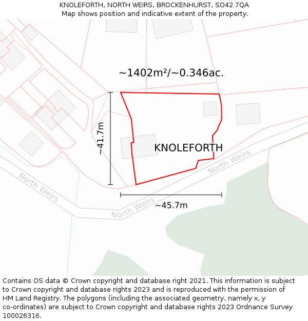 KNOLEFORTH, NORTH WEIRS, BROCKENHURST, SO42 7QA: Plot and title map