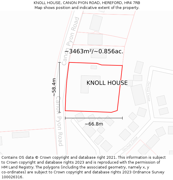 KNOLL HOUSE, CANON PYON ROAD, HEREFORD, HR4 7RB: Plot and title map