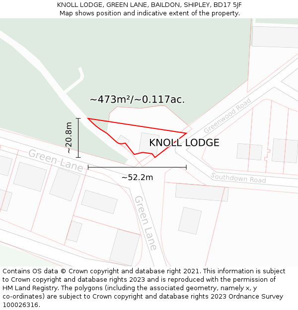 KNOLL LODGE, GREEN LANE, BAILDON, SHIPLEY, BD17 5JF: Plot and title map