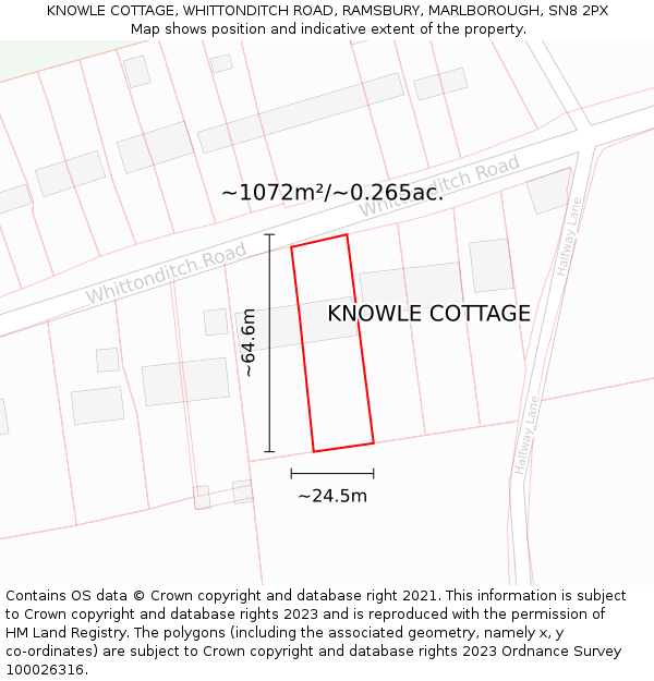 KNOWLE COTTAGE, WHITTONDITCH ROAD, RAMSBURY, MARLBOROUGH, SN8 2PX: Plot and title map