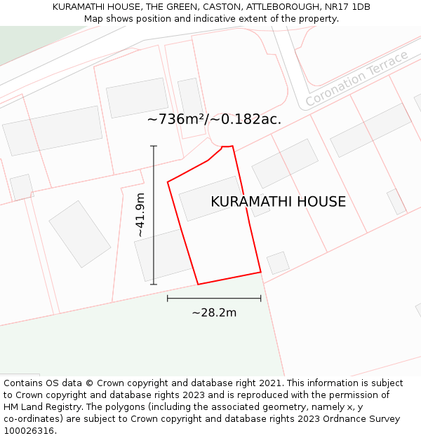KURAMATHI HOUSE, THE GREEN, CASTON, ATTLEBOROUGH, NR17 1DB: Plot and title map