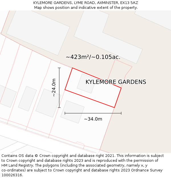 KYLEMORE GARDENS, LYME ROAD, AXMINSTER, EX13 5AZ: Plot and title map