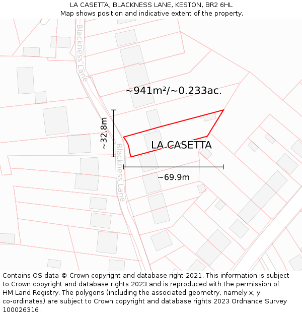 LA CASETTA, BLACKNESS LANE, KESTON, BR2 6HL: Plot and title map