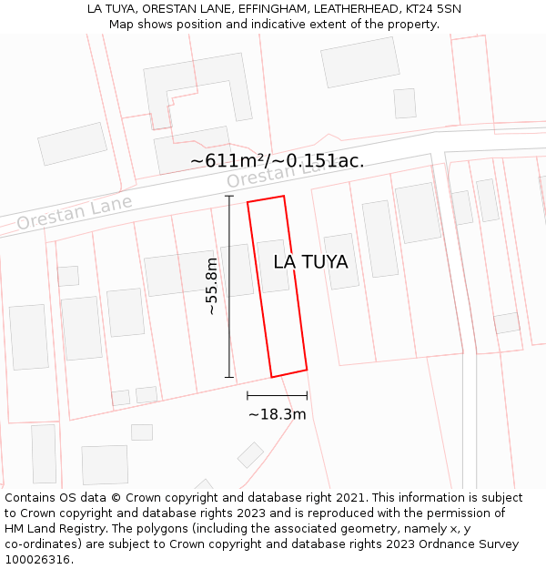 LA TUYA, ORESTAN LANE, EFFINGHAM, LEATHERHEAD, KT24 5SN: Plot and title map