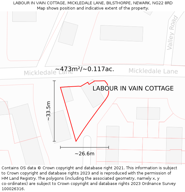 LABOUR IN VAIN COTTAGE, MICKLEDALE LANE, BILSTHORPE, NEWARK, NG22 8RD: Plot and title map