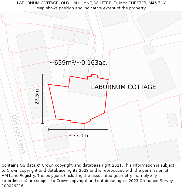 LABURNUM COTTAGE, OLD HALL LANE, WHITEFIELD, MANCHESTER, M45 7HY: Plot and title map