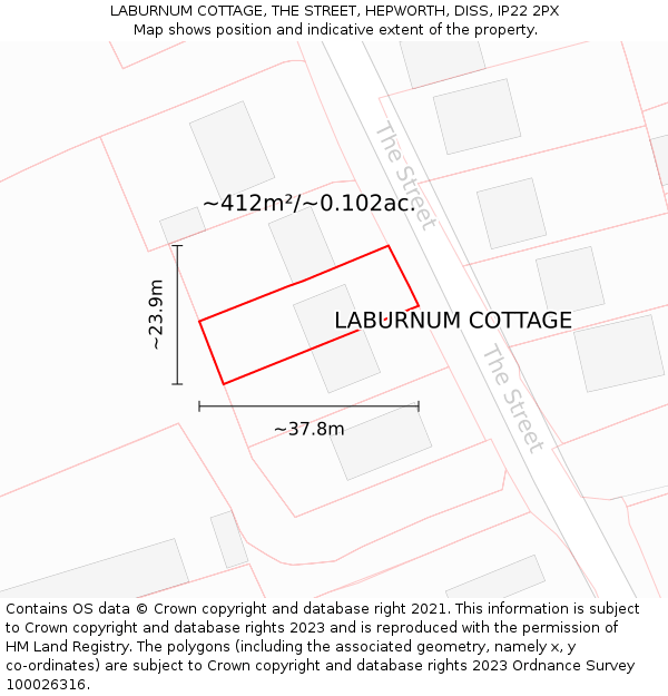 LABURNUM COTTAGE, THE STREET, HEPWORTH, DISS, IP22 2PX: Plot and title map