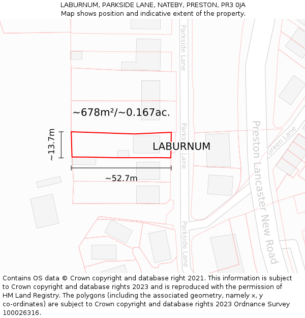LABURNUM, PARKSIDE LANE, NATEBY, PRESTON, PR3 0JA: Plot and title map