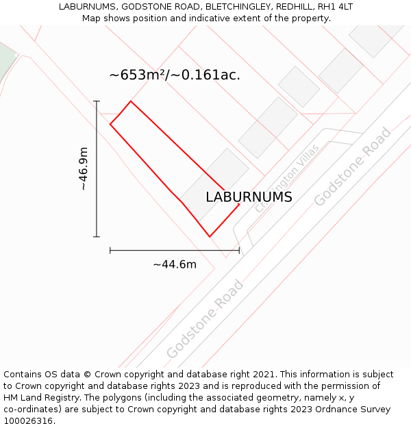 LABURNUMS, GODSTONE ROAD, BLETCHINGLEY, REDHILL, RH1 4LT: Plot and title map