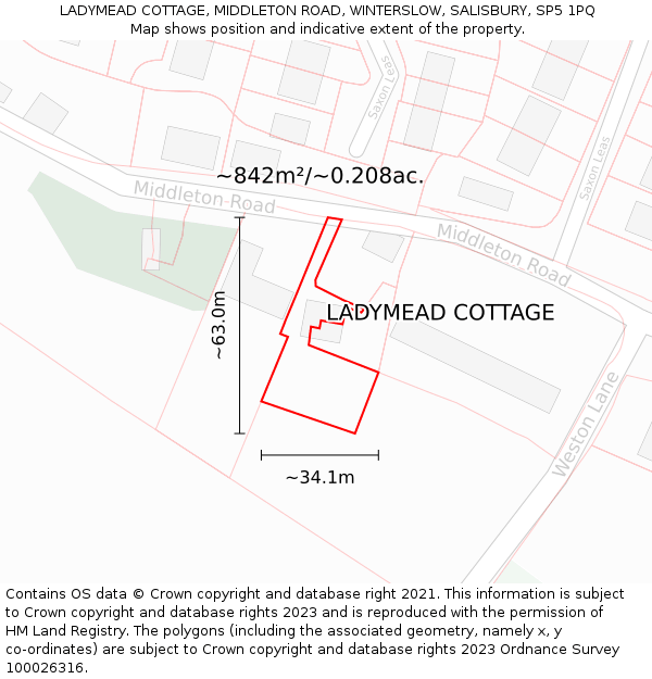 LADYMEAD COTTAGE, MIDDLETON ROAD, WINTERSLOW, SALISBURY, SP5 1PQ: Plot and title map