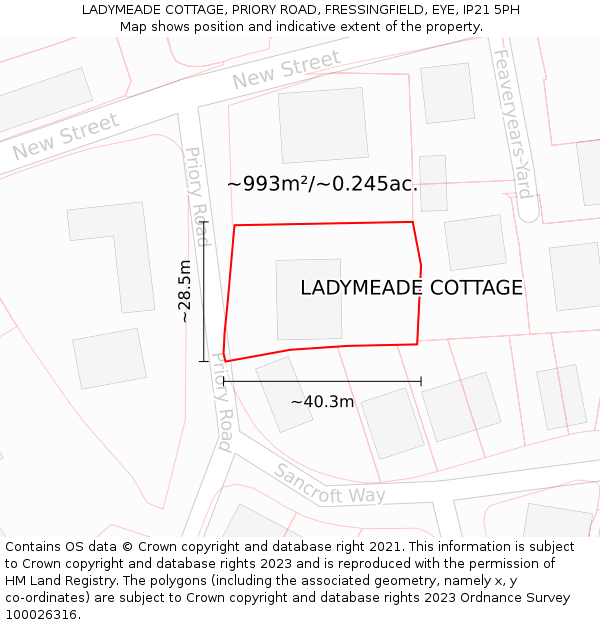 LADYMEADE COTTAGE, PRIORY ROAD, FRESSINGFIELD, EYE, IP21 5PH: Plot and title map