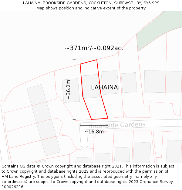 LAHAINA, BROOKSIDE GARDENS, YOCKLETON, SHREWSBURY, SY5 9PS: Plot and title map