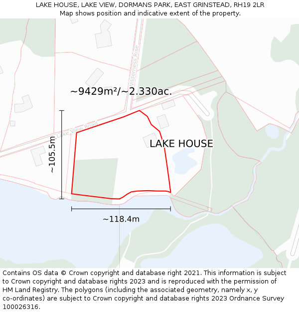 LAKE HOUSE, LAKE VIEW, DORMANS PARK, EAST GRINSTEAD, RH19 2LR: Plot and title map