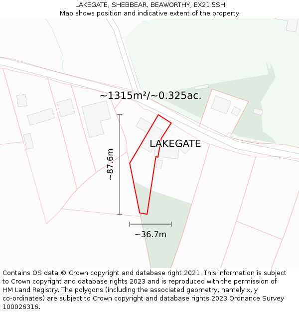LAKEGATE, SHEBBEAR, BEAWORTHY, EX21 5SH: Plot and title map