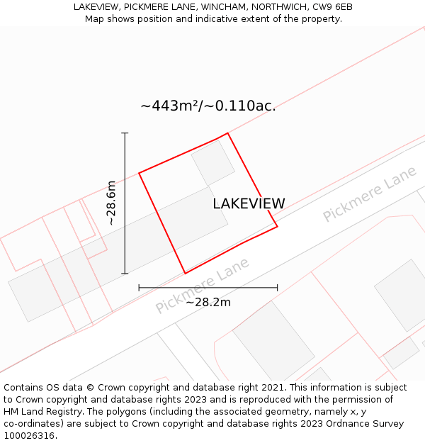 LAKEVIEW, PICKMERE LANE, WINCHAM, NORTHWICH, CW9 6EB: Plot and title map
