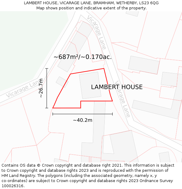 LAMBERT HOUSE, VICARAGE LANE, BRAMHAM, WETHERBY, LS23 6QG: Plot and title map