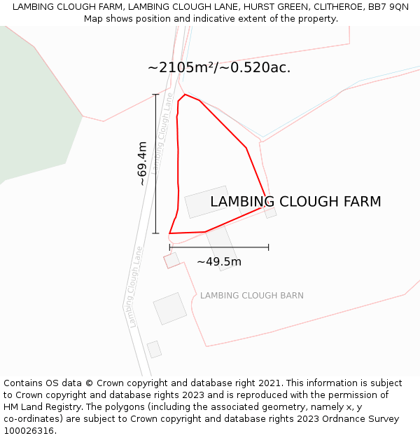 LAMBING CLOUGH FARM, LAMBING CLOUGH LANE, HURST GREEN, CLITHEROE, BB7 9QN: Plot and title map