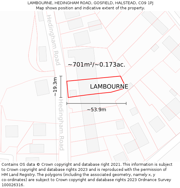 LAMBOURNE, HEDINGHAM ROAD, GOSFIELD, HALSTEAD, CO9 1PJ: Plot and title map