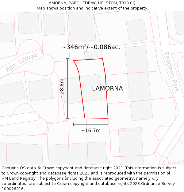 LAMORNA, PARC LEDRAK, HELSTON, TR13 0QL: Plot and title map