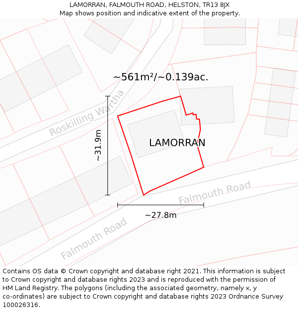 LAMORRAN, FALMOUTH ROAD, HELSTON, TR13 8JX: Plot and title map