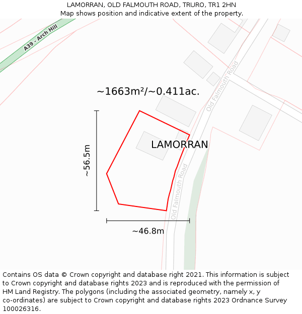 LAMORRAN, OLD FALMOUTH ROAD, TRURO, TR1 2HN: Plot and title map