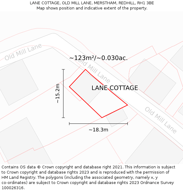 LANE COTTAGE, OLD MILL LANE, MERSTHAM, REDHILL, RH1 3BE: Plot and title map