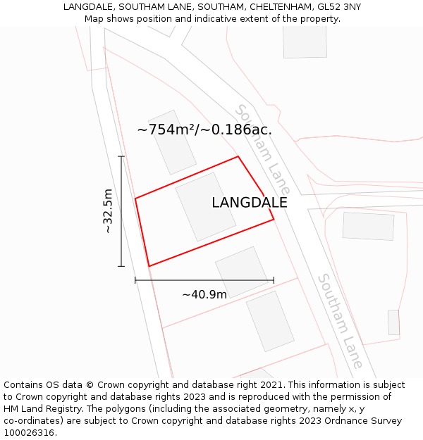 LANGDALE, SOUTHAM LANE, SOUTHAM, CHELTENHAM, GL52 3NY: Plot and title map