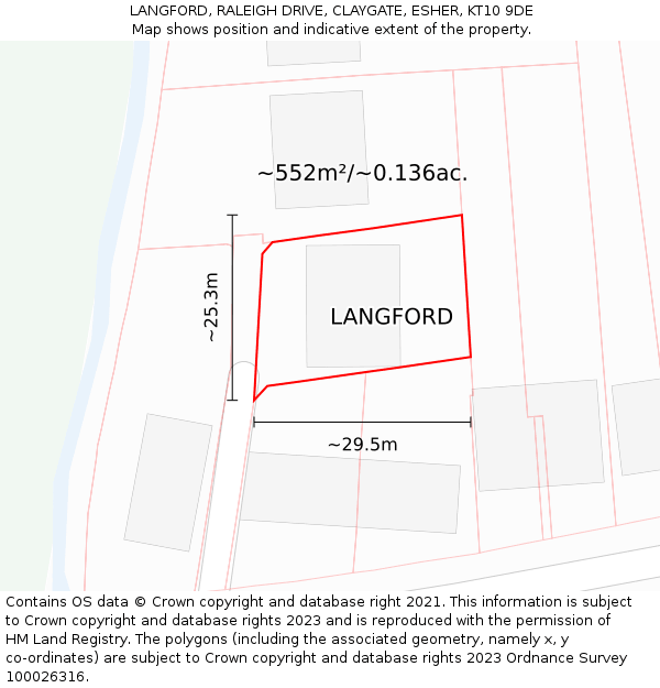LANGFORD, RALEIGH DRIVE, CLAYGATE, ESHER, KT10 9DE: Plot and title map