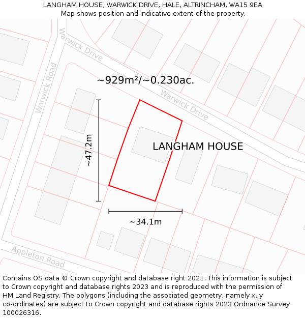LANGHAM HOUSE, WARWICK DRIVE, HALE, ALTRINCHAM, WA15 9EA: Plot and title map