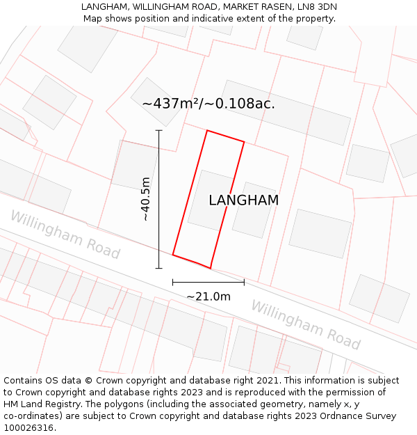 LANGHAM, WILLINGHAM ROAD, MARKET RASEN, LN8 3DN: Plot and title map