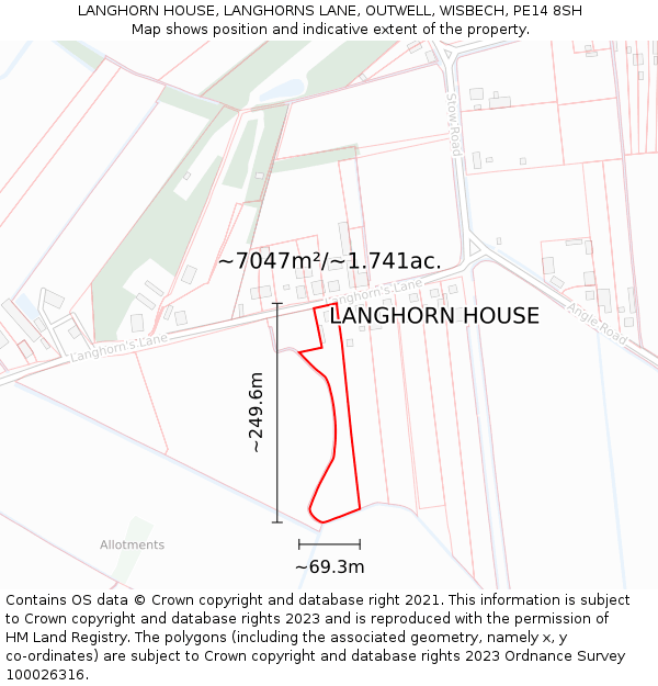 LANGHORN HOUSE, LANGHORNS LANE, OUTWELL, WISBECH, PE14 8SH: Plot and title map