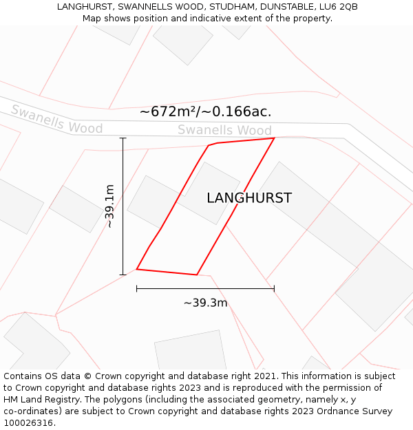 LANGHURST, SWANNELLS WOOD, STUDHAM, DUNSTABLE, LU6 2QB: Plot and title map