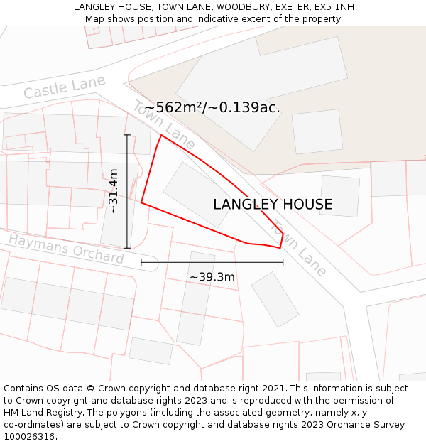 LANGLEY HOUSE, TOWN LANE, WOODBURY, EXETER, EX5 1NH: Plot and title map