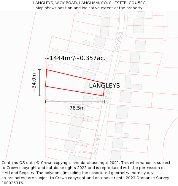 LANGLEYS, WICK ROAD, LANGHAM, COLCHESTER, CO4 5PG: Plot and title map