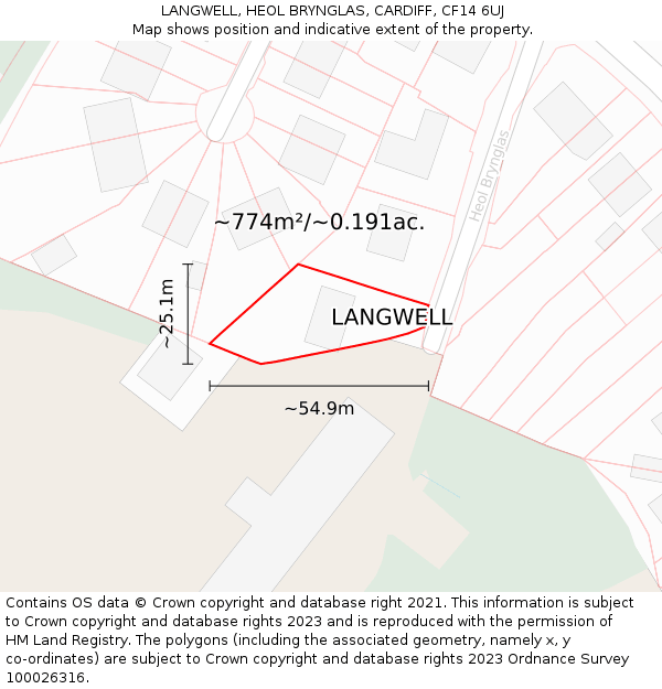 LANGWELL, HEOL BRYNGLAS, CARDIFF, CF14 6UJ: Plot and title map