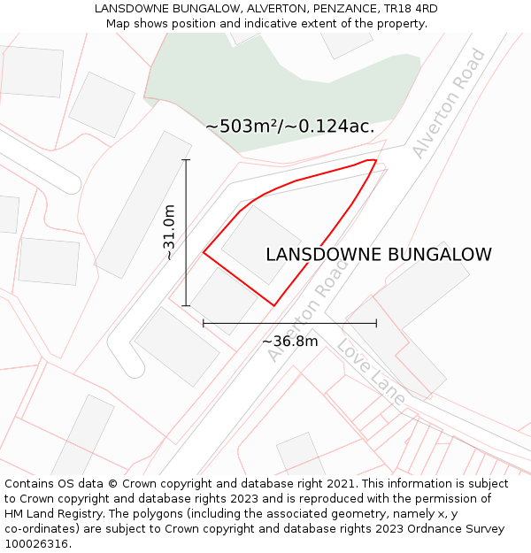 LANSDOWNE BUNGALOW, ALVERTON, PENZANCE, TR18 4RD: Plot and title map