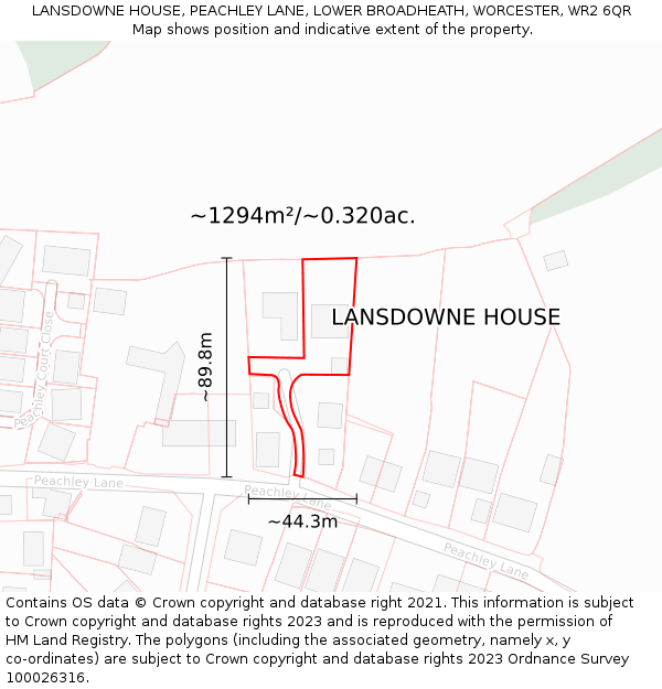 LANSDOWNE HOUSE, PEACHLEY LANE, LOWER BROADHEATH, WORCESTER, WR2 6QR: Plot and title map