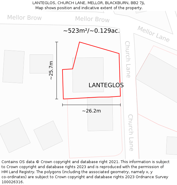 LANTEGLOS, CHURCH LANE, MELLOR, BLACKBURN, BB2 7JL: Plot and title map