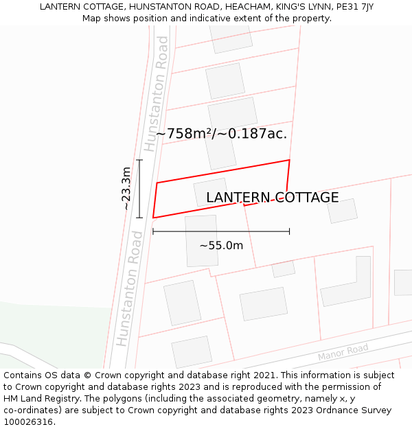 LANTERN COTTAGE, HUNSTANTON ROAD, HEACHAM, KING'S LYNN, PE31 7JY: Plot and title map