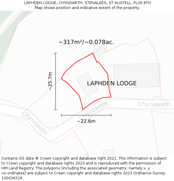 LAPHDEN LODGE, CHYNOWETH, STENALEES, ST AUSTELL, PL26 8TH: Plot and title map