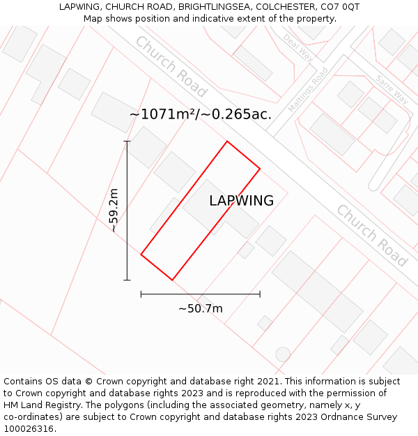 LAPWING, CHURCH ROAD, BRIGHTLINGSEA, COLCHESTER, CO7 0QT: Plot and title map