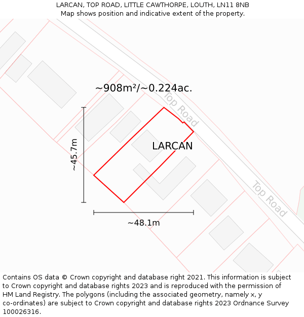 LARCAN, TOP ROAD, LITTLE CAWTHORPE, LOUTH, LN11 8NB: Plot and title map