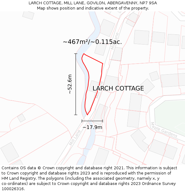 LARCH COTTAGE, MILL LANE, GOVILON, ABERGAVENNY, NP7 9SA: Plot and title map
