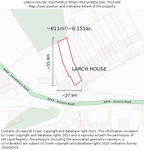 LARCH HOUSE, SOUTHFIELD ROAD, MUCH WENLOCK, TF13 6AT: Plot and title map
