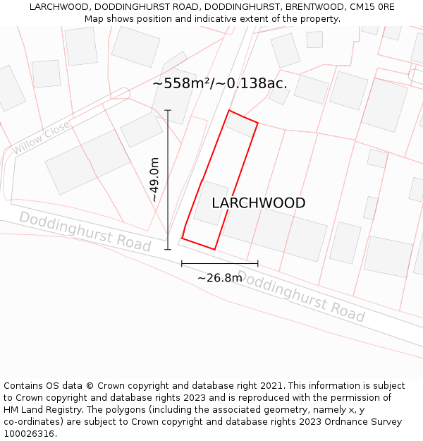 LARCHWOOD, DODDINGHURST ROAD, DODDINGHURST, BRENTWOOD, CM15 0RE: Plot and title map