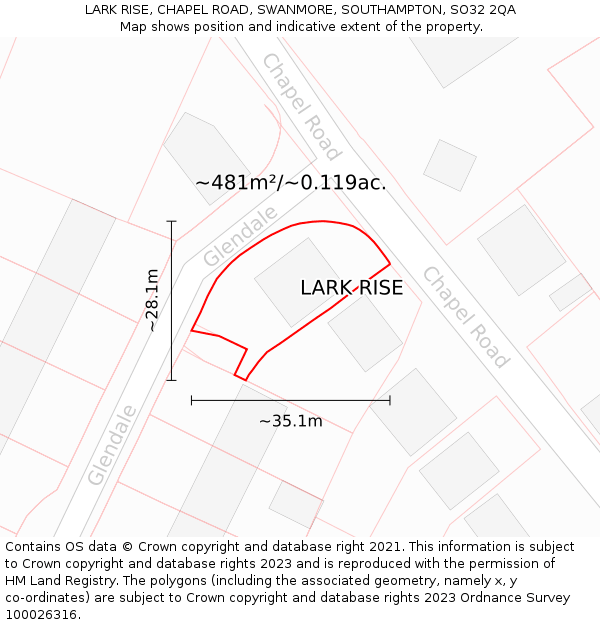 LARK RISE, CHAPEL ROAD, SWANMORE, SOUTHAMPTON, SO32 2QA: Plot and title map