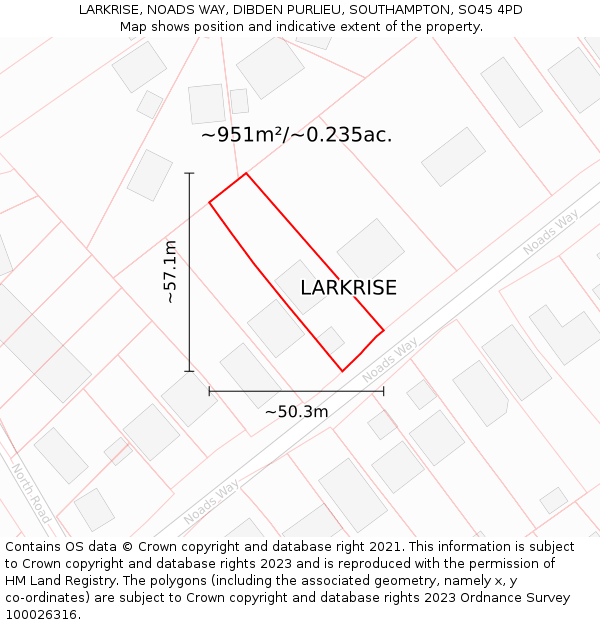 LARKRISE, NOADS WAY, DIBDEN PURLIEU, SOUTHAMPTON, SO45 4PD: Plot and title map